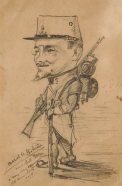 Aristide, dessiné. Écrit en bas à gauche : "Marcel le Bohême. à son cher camarade de combat, 1915" [il ne s'agit pas du Marcel de notre famille]