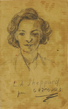 Marie-Madeleine, dessinée. Écrit en bas : "L.A. Sheppard par Grôtours"